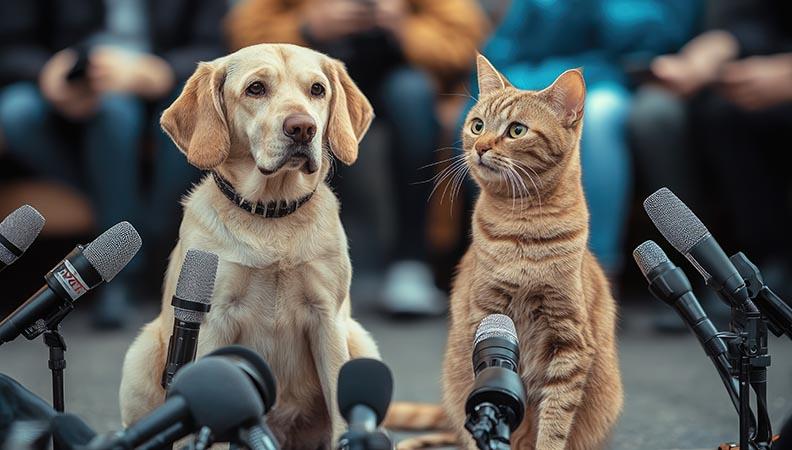 Dog and a cat giving a press conference