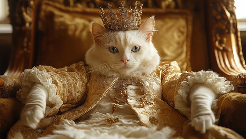 White cat wearing regal clothing and a crown sitting in a throne