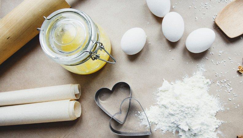 Image of baking table with flour and eggs 