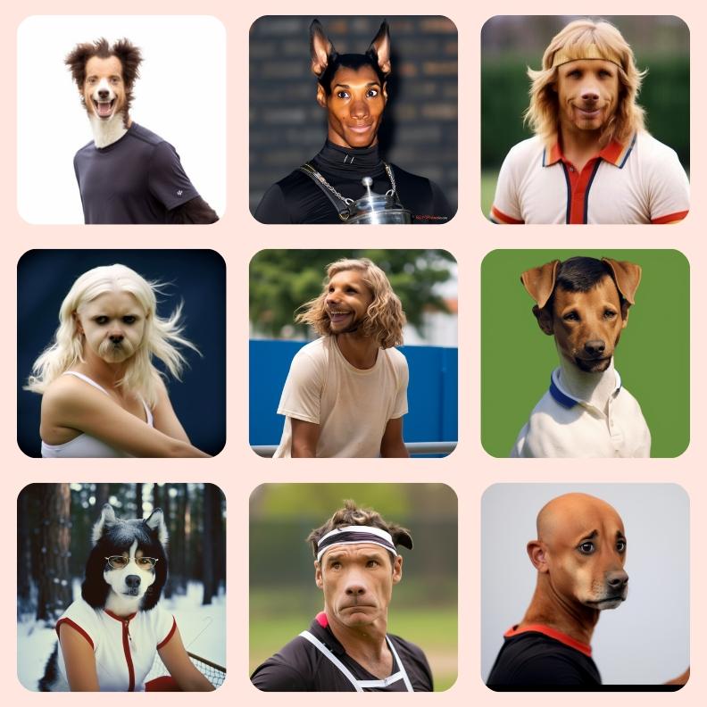 Pictures of famous tennis players as various dog breeds using an AI generator