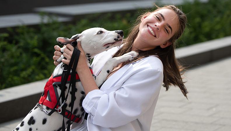 Woman holding a Dalmation dog that's jumping up