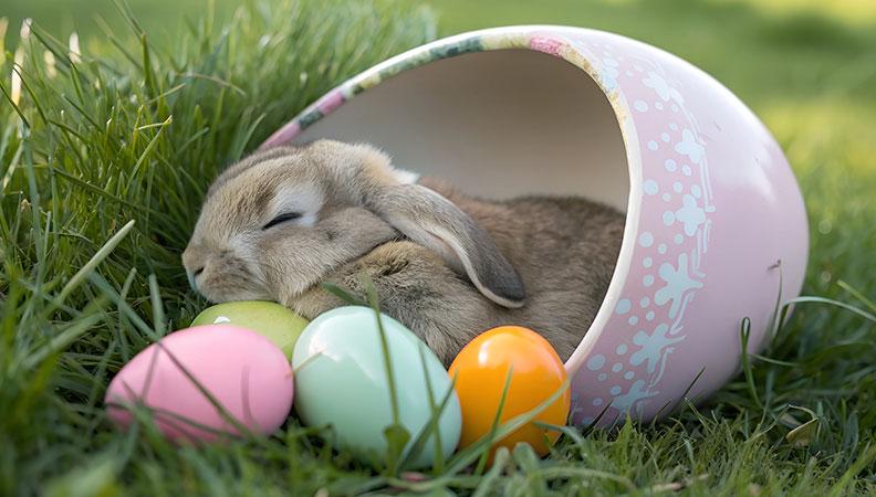 Rabbit sleeping in an Easter vase