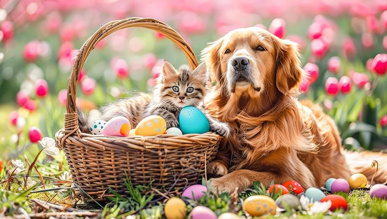 Dog and a kitten in an Easter basket