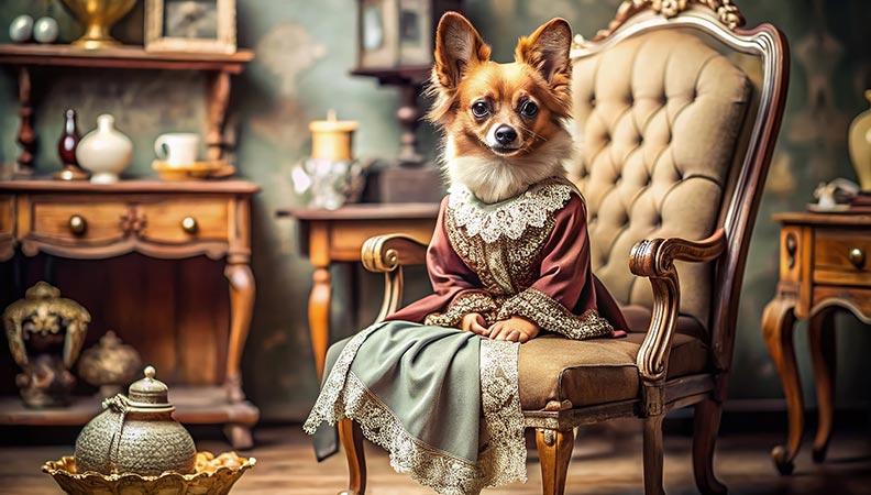 Dog sitting in a chair dressed as a Victorian woman
