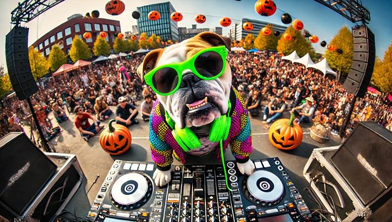 Image of a Bulldog being a DJ 