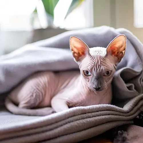 Sphynx cat looking warm and snuggly in a blanket