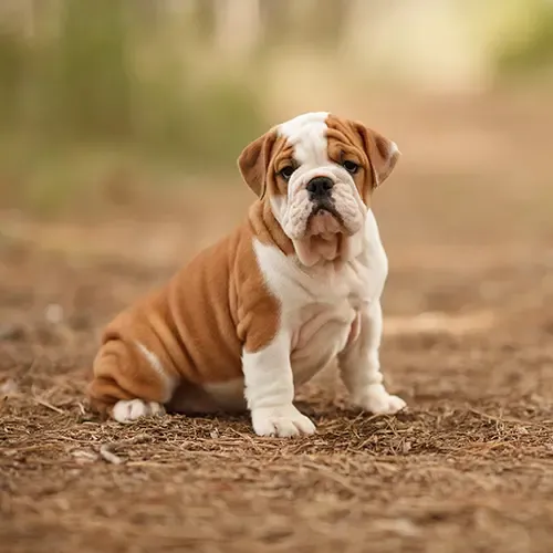Bulldog puppy on a forest track
