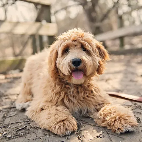A tan Labradoodle dog lying on a path