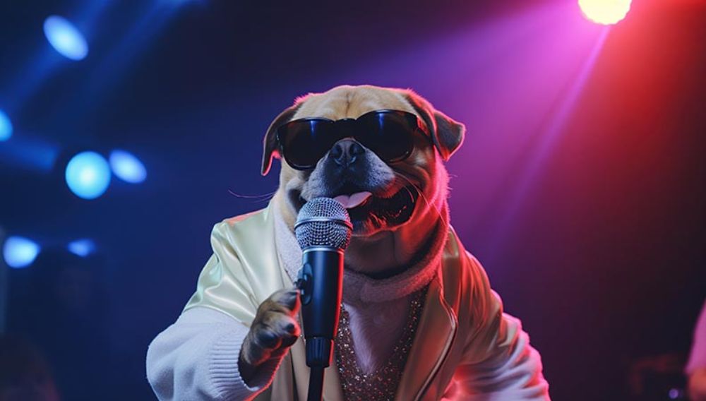 Dog in sunglasses singing into a microphone